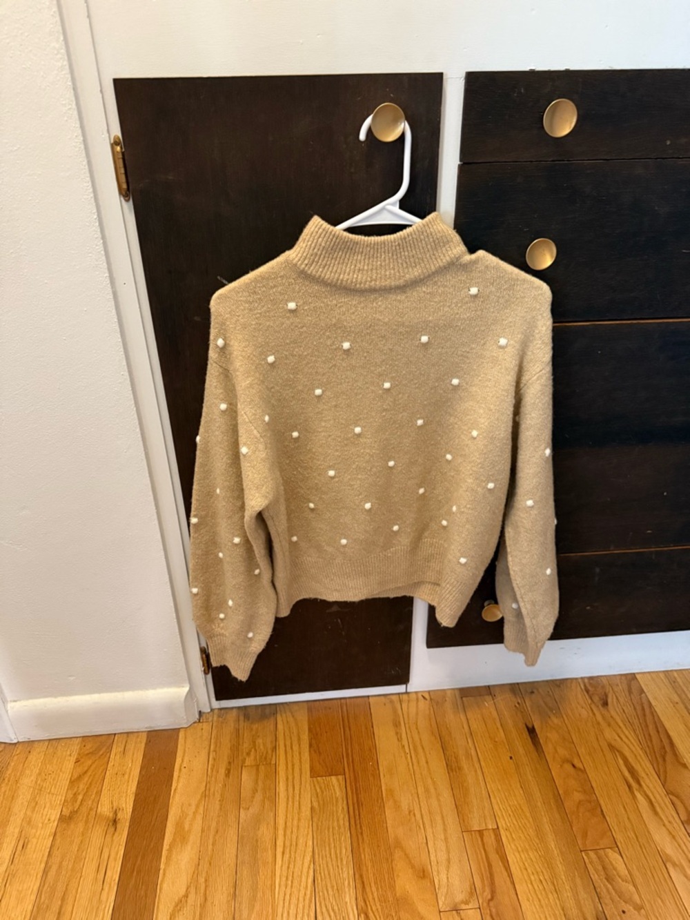 Lush Beige Pearl-Embellished‎ Mock Neck Sweater